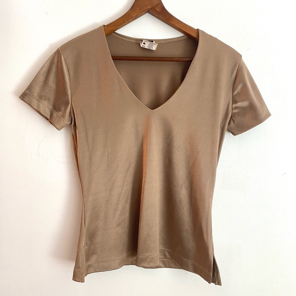 Formula X Gold V Neck T Shirt Stretch Satin Vintage 90s, M